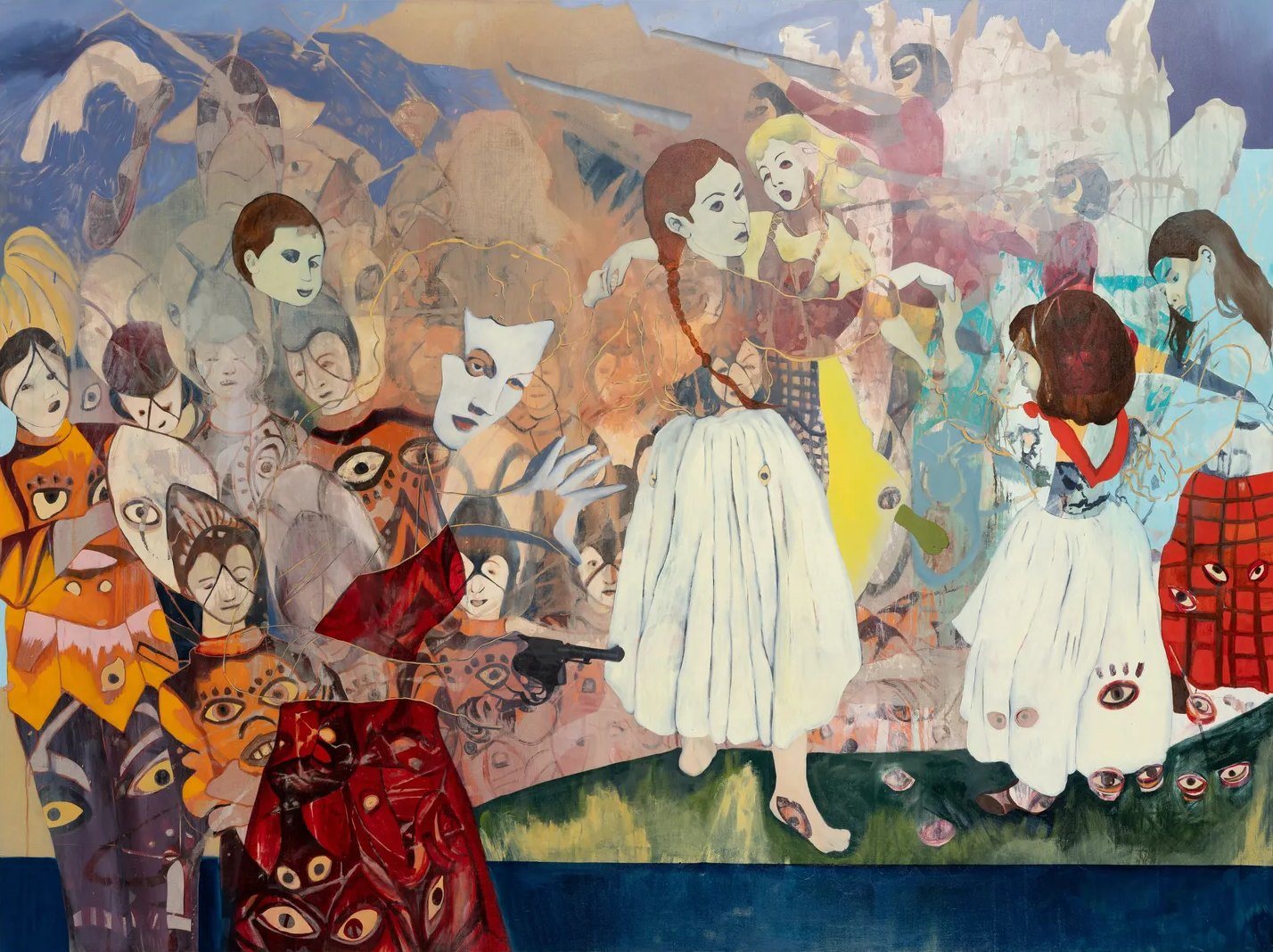 Large painting of girls in white dresses among masked and patterned figures before a mountain landscape