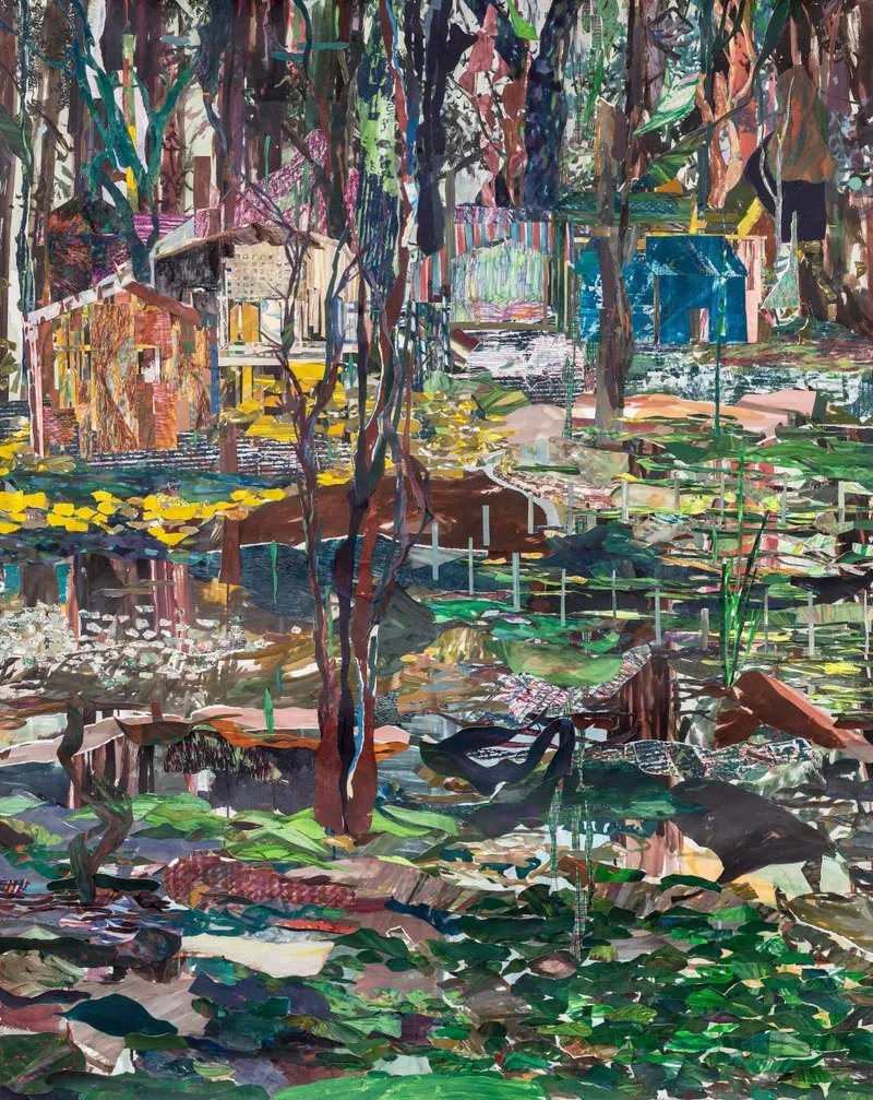 Densely layered collage of a wooded garden with huts, foliage and water