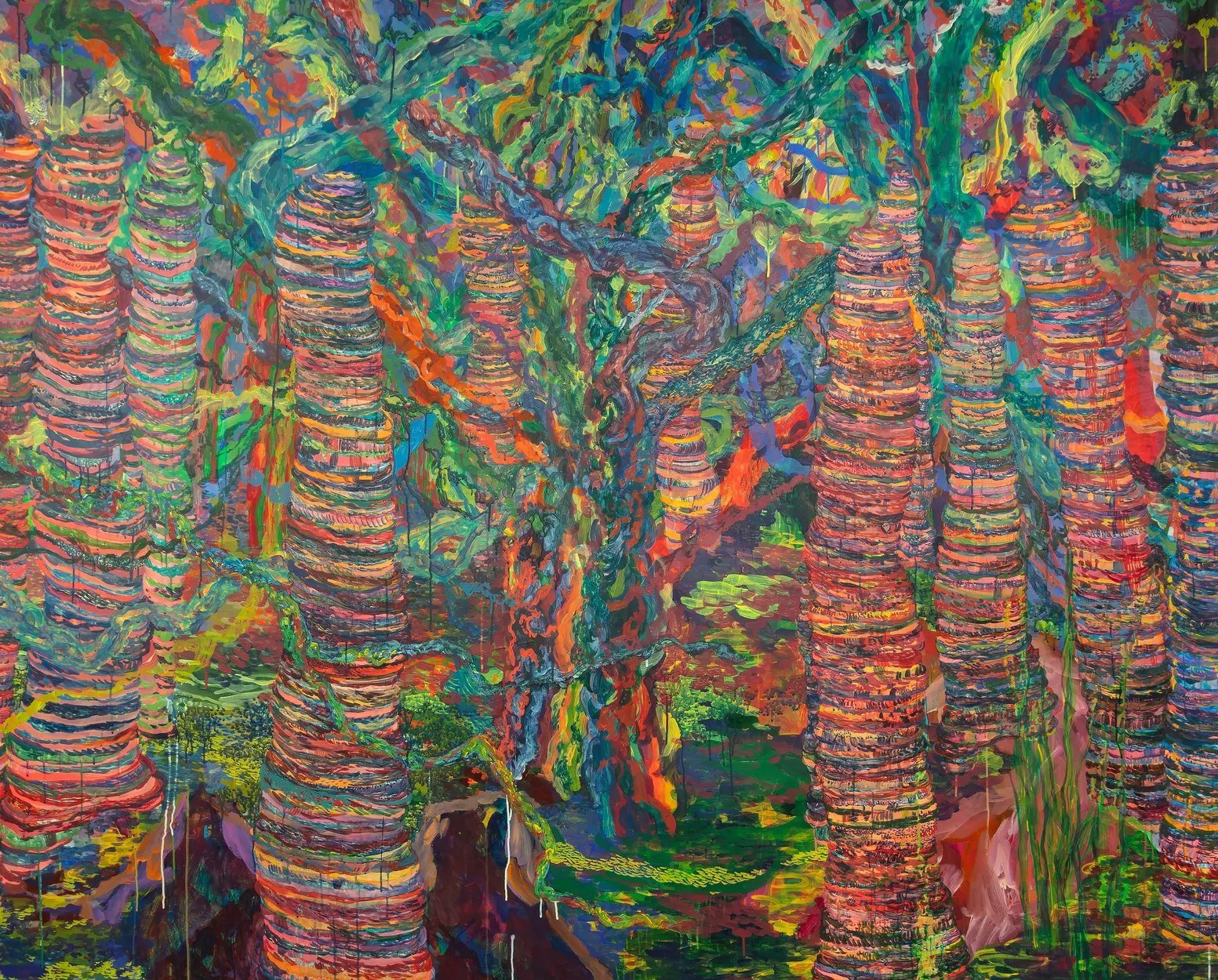 Painting of striped, totem-like tree trunks among dense red, green and turquoise foliage