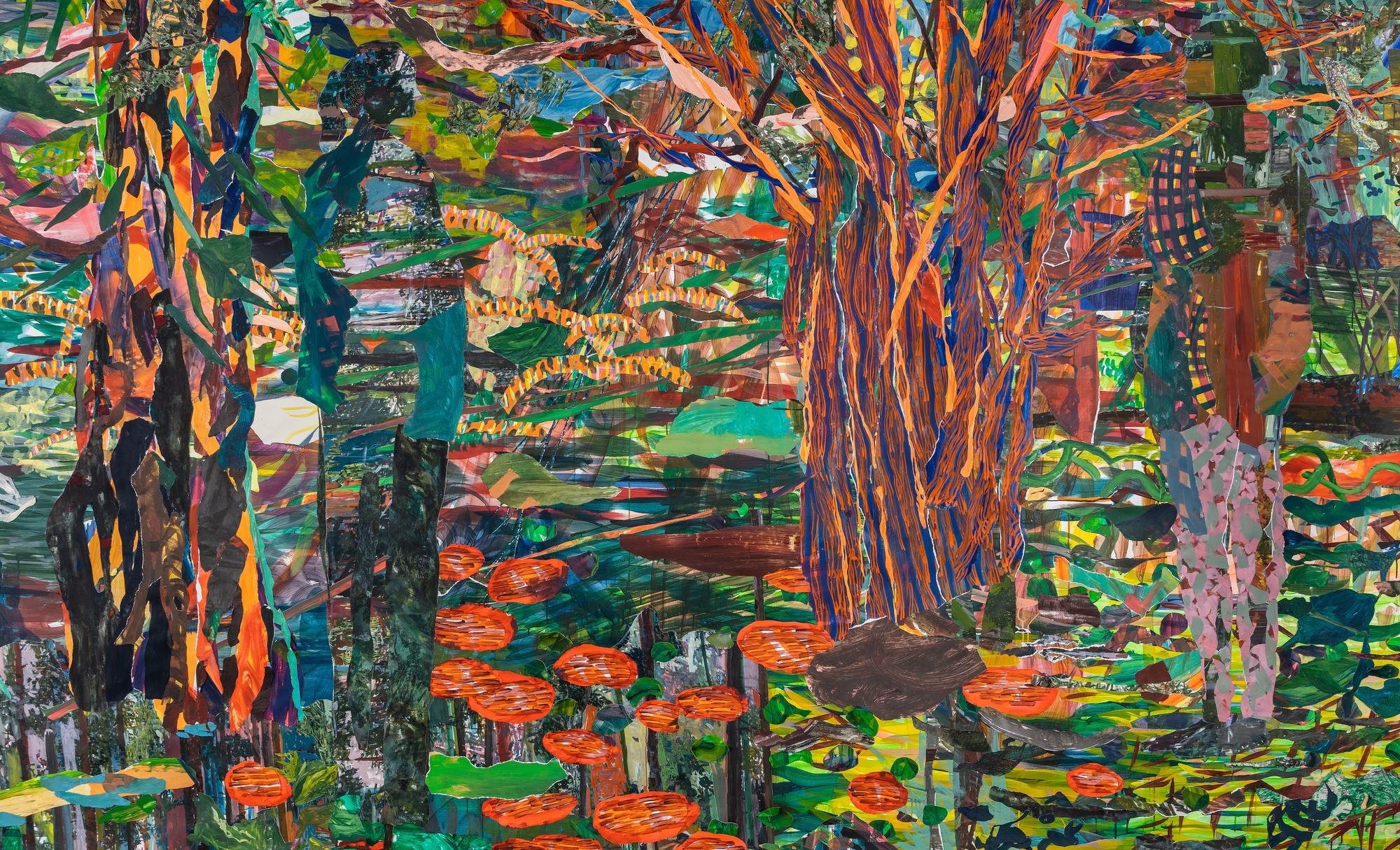Densely layered painted collage of a woodland with orange-striped trunks, turquoise foliage and floating orange leaves
